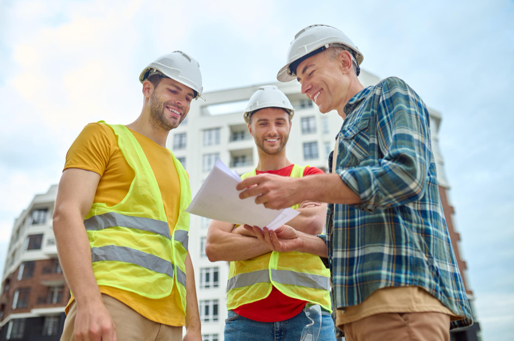 three men with drawing discussing construction site